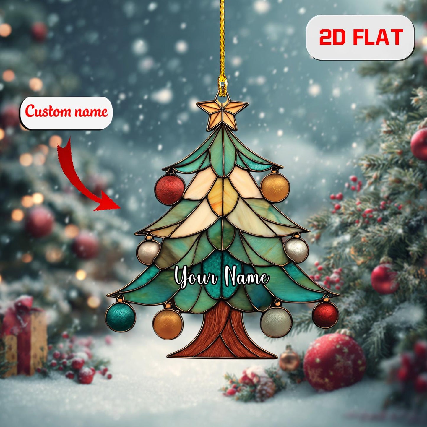 Personalized Christmas Tree Ornament, Custom Name Holiday Ornament, Festive Xmas Tree Decor, Stained Glass Style Ornament, Gift Idea