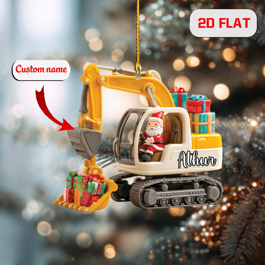 Personalized Excavator Ornament, Custom Name Construction Christmas Ornament, Santa Driving Digger Holiday Decor, Kids Xmas Gift Idea