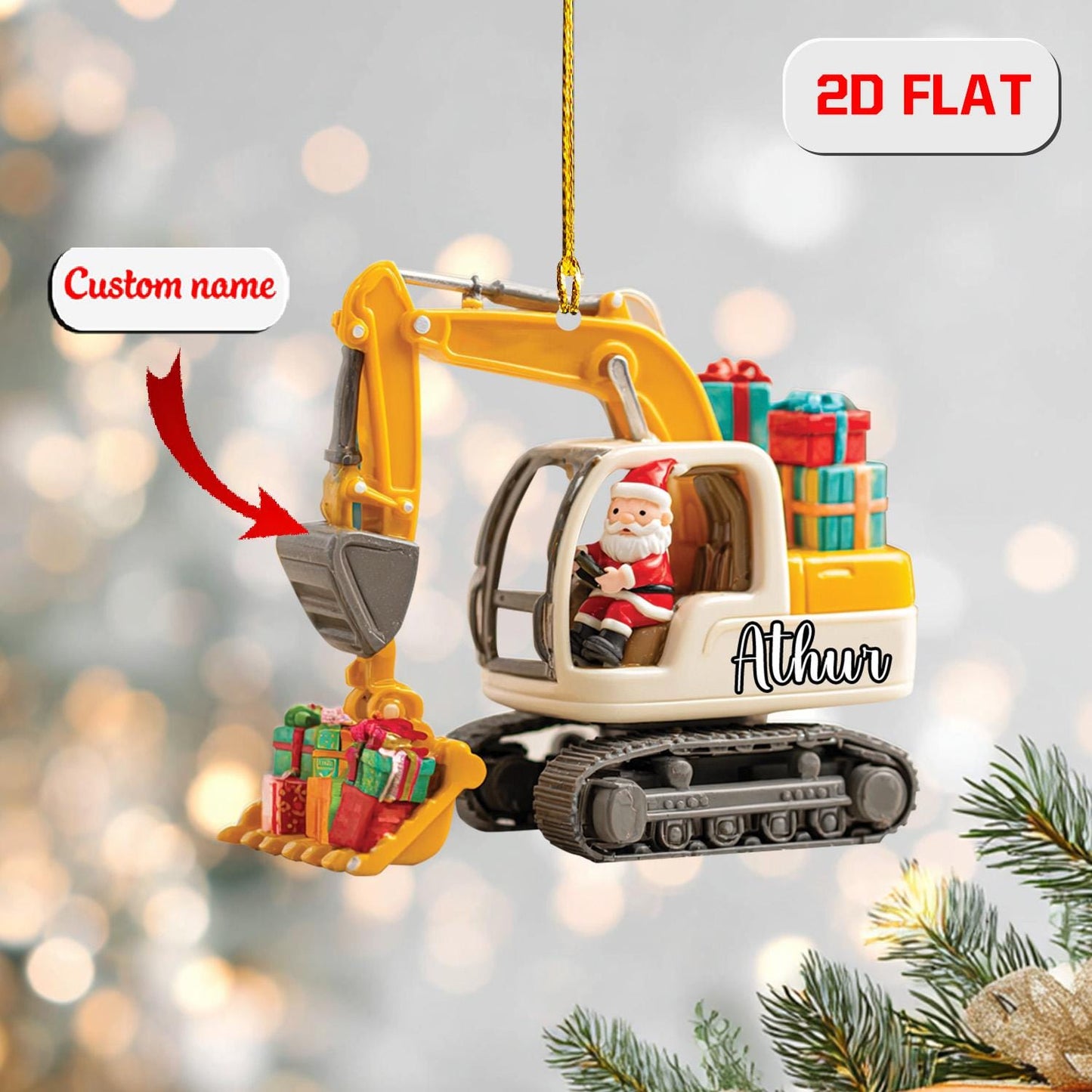 Personalized Excavator Ornament, Custom Name Construction Christmas Ornament, Santa Driving Digger Holiday Decor, Kids Xmas Gift Idea