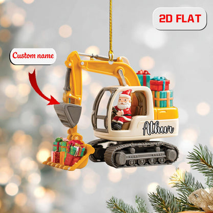 Personalized Excavator Ornament, Custom Name Construction Christmas Ornament, Santa Driving Digger Holiday Decor, Kids Xmas Gift Idea