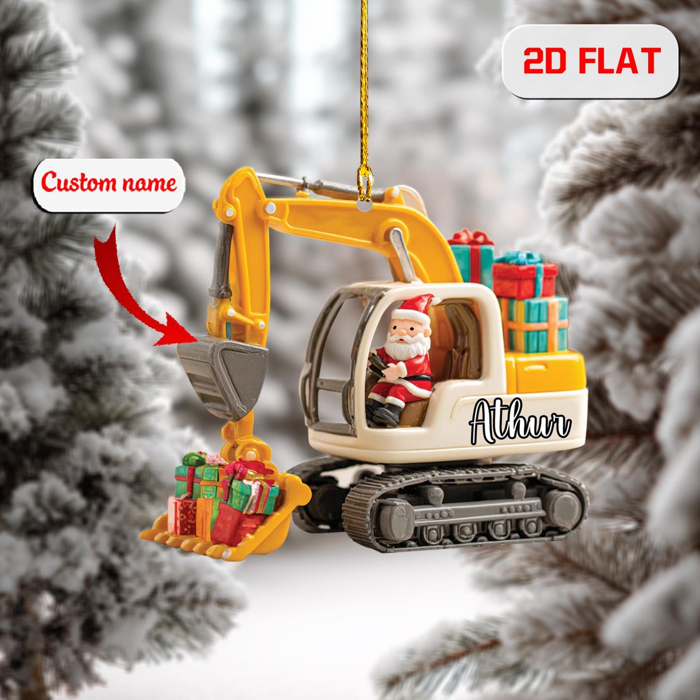 Personalized Excavator Ornament, Custom Name Construction Christmas Ornament, Santa Driving Digger Holiday Decor, Kids Xmas Gift Idea
