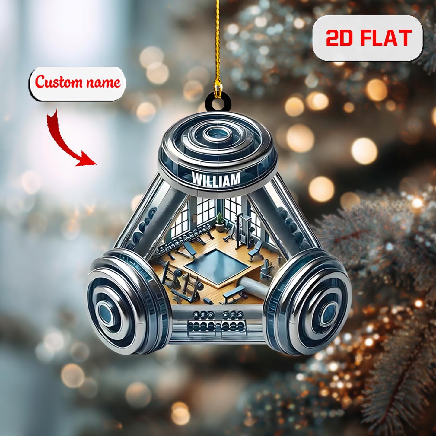 Personalized Gym Ornament, Custom Name Fitness Christmas Ornament, Bodybuilding Holiday Decor, Workout Lover Gift, Weightlifting Ornament