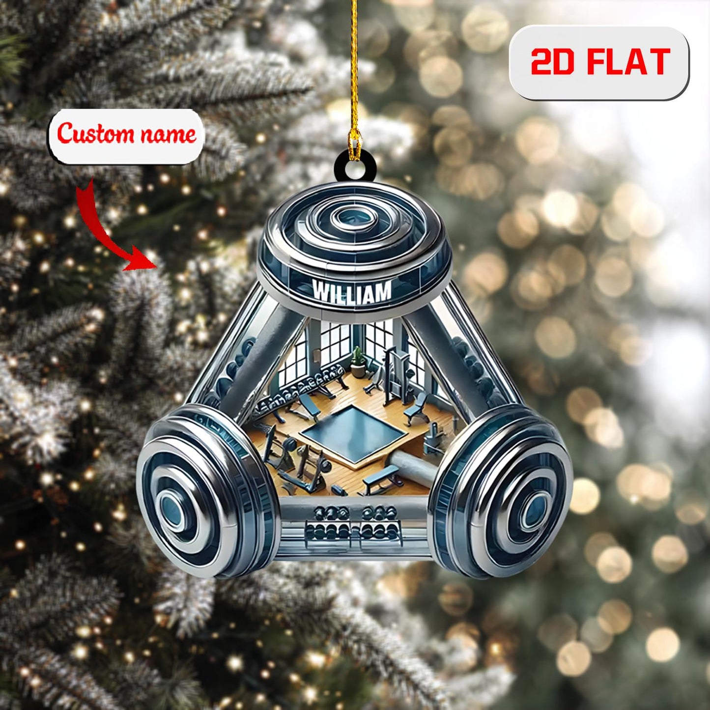 Personalized Gym Ornament, Custom Name Fitness Christmas Ornament, Bodybuilding Holiday Decor, Workout Lover Gift, Weightlifting Ornament