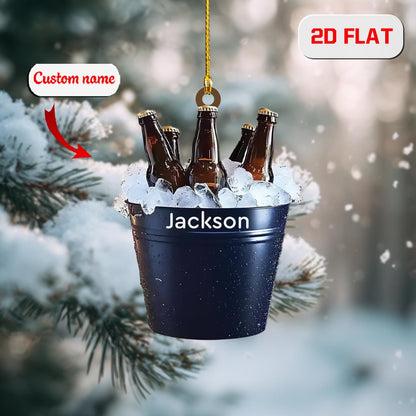 Personalized Beer Bucket Ornament, Custom Name Christmas Ornament with Bottles on Ice, Funny Holiday Bar Decor, Drinking Gift for Him