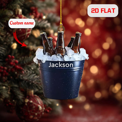 Personalized Beer Bucket Ornament, Custom Name Christmas Ornament with Bottles on Ice, Funny Holiday Bar Decor, Drinking Gift for Him