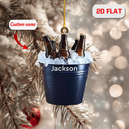 Personalized Beer Bucket Ornament, Custom Name Christmas Ornament with Bottles on Ice, Funny Holiday Bar Decor, Drinking Gift for Him