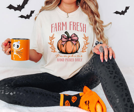 Farm Fresh Pumpkins Shirt, Coquette Bow Pumpkin Shirt, Pumpkins Hand Picked Daily Gift, Pumpkin Thanksgiving Sweatshirt, Fall Holiday Hoodie