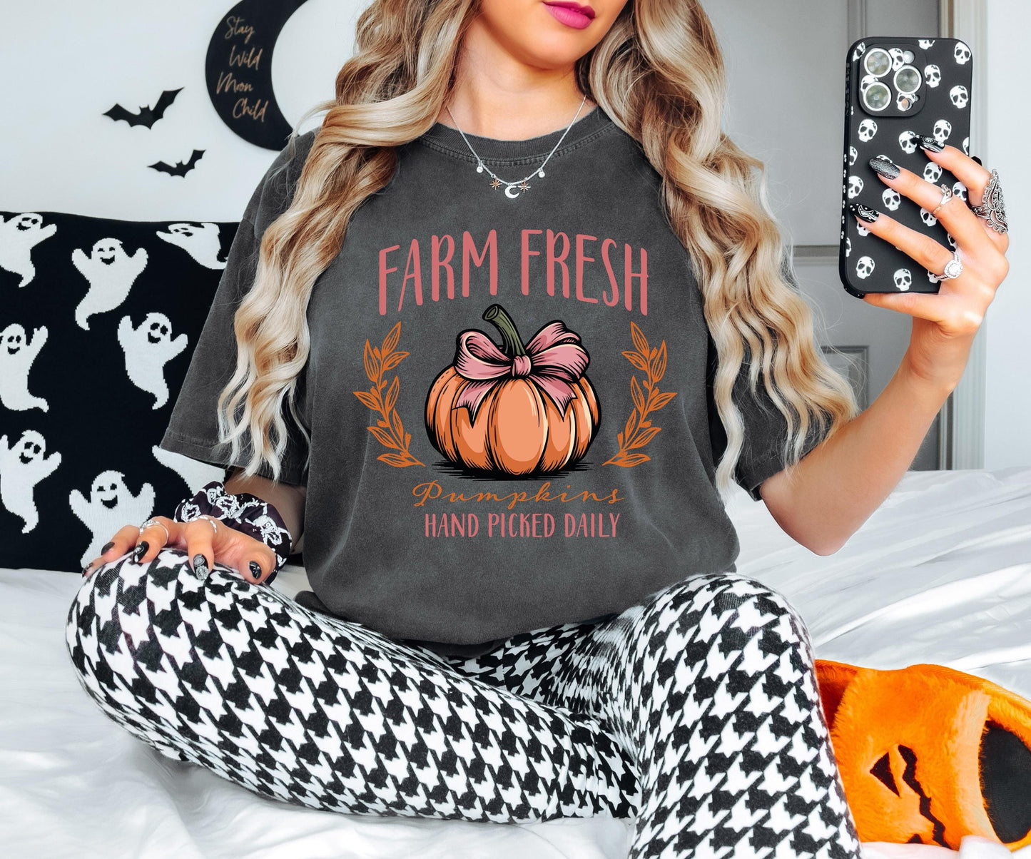 Farm Fresh Pumpkins Shirt, Coquette Bow Pumpkin Shirt, Pumpkins Hand Picked Daily Gift, Pumpkin Thanksgiving Sweatshirt, Fall Holiday Hoodie