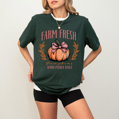 Farm Fresh Pumpkins Shirt, Coquette Bow Pumpkin Shirt, Pumpkins Hand Picked Daily Gift, Pumpkin Thanksgiving Sweatshirt, Fall Holiday Hoodie