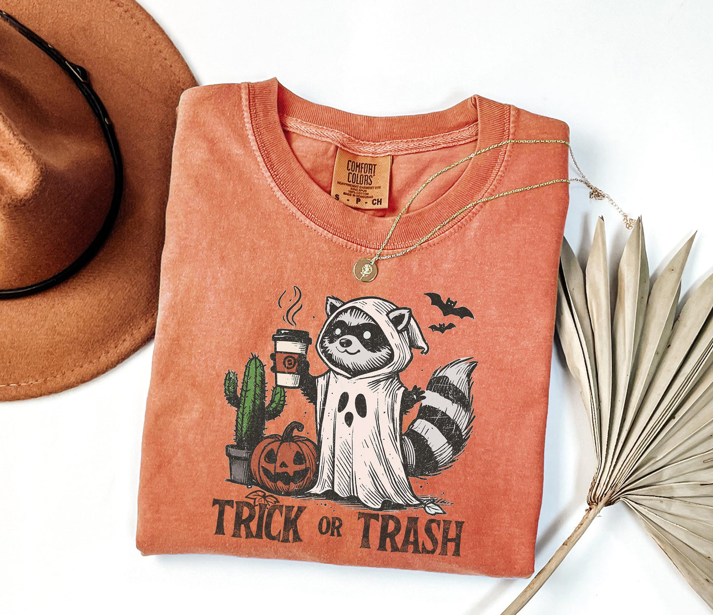 Comfort Colors® Trick Or Trash Shirt, Ghost Raccoon Drinking Coffee Shirt, Spooky Season Raccoon Tee,Halloween Raccoon Shirt,Halloween Gift
