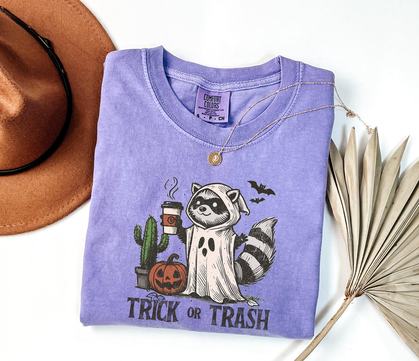 Comfort Colors® Trick Or Trash Shirt, Ghost Raccoon Drinking Coffee Shirt, Spooky Season Raccoon Tee,Halloween Raccoon Shirt,Halloween Gift