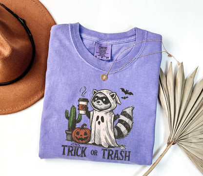 Comfort Colors® Trick Or Trash Shirt, Ghost Raccoon Drinking Coffee Shirt, Spooky Season Raccoon Tee,Halloween Raccoon Shirt,Halloween Gift