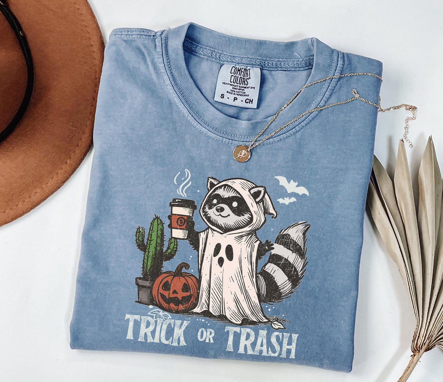 Comfort Colors® Trick Or Trash Shirt, Ghost Raccoon Drinking Coffee Shirt, Spooky Season Raccoon Tee,Halloween Raccoon Shirt,Halloween Gift