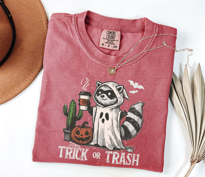 Comfort Colors® Trick Or Trash Shirt, Ghost Raccoon Drinking Coffee Shirt, Spooky Season Raccoon Tee,Halloween Raccoon Shirt,Halloween Gift