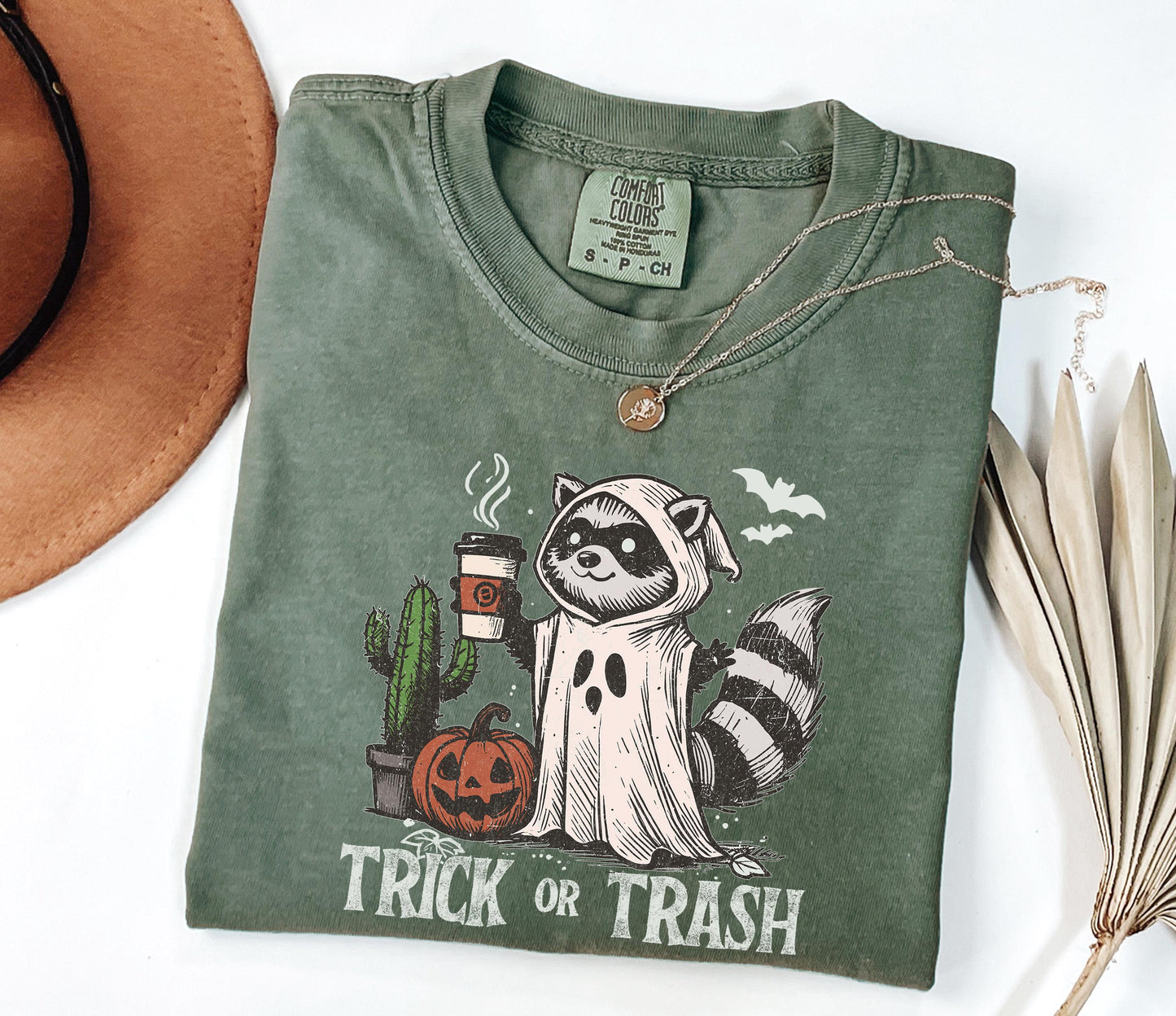 Comfort Colors® Trick Or Trash Shirt, Ghost Raccoon Drinking Coffee Shirt, Spooky Season Raccoon Tee,Halloween Raccoon Shirt,Halloween Gift