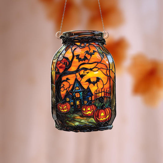 Halloween Window Hanging Lantern, Spooky Haunted House Decor, Pumpkin Bat Hanging Light, Gothic Halloween Party Decoration
