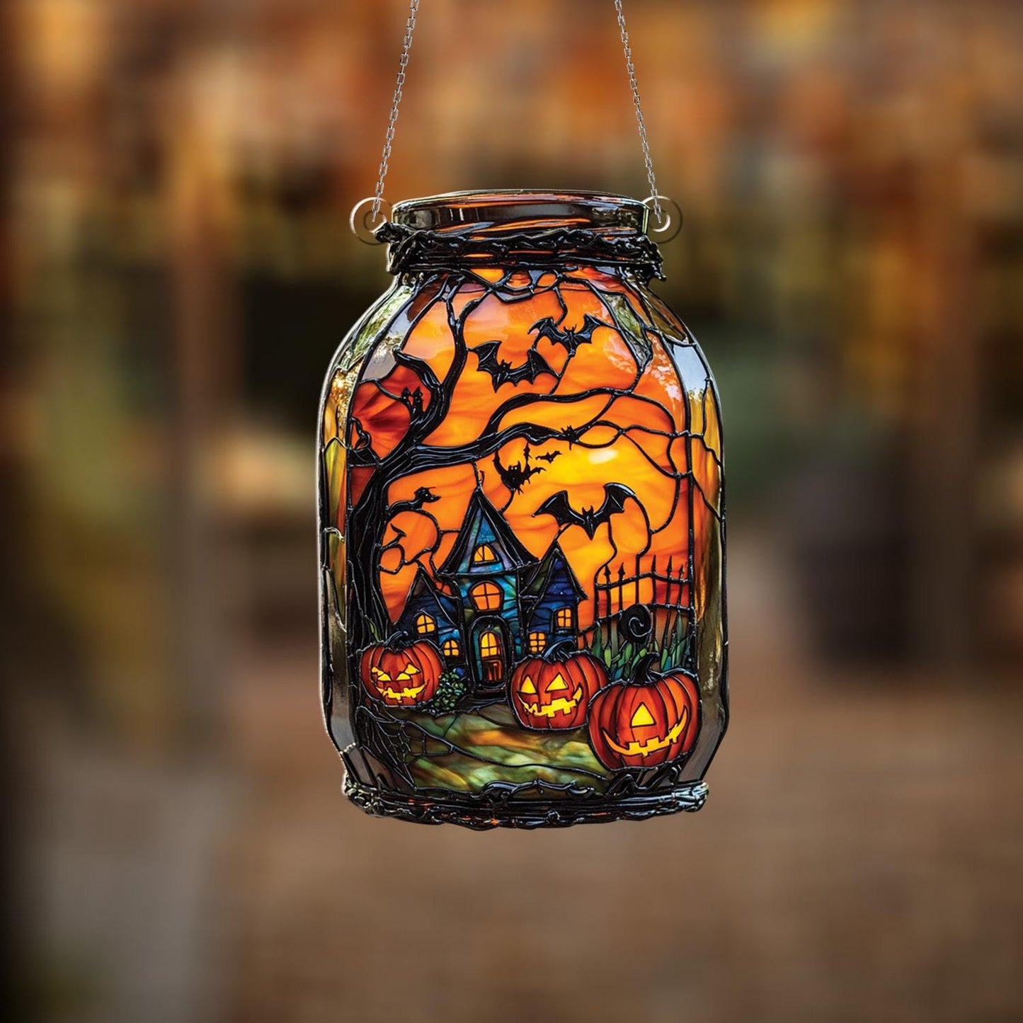 Halloween Window Hanging Lantern, Spooky Haunted House Decor, Pumpkin Bat Hanging Light, Gothic Halloween Party Decoration