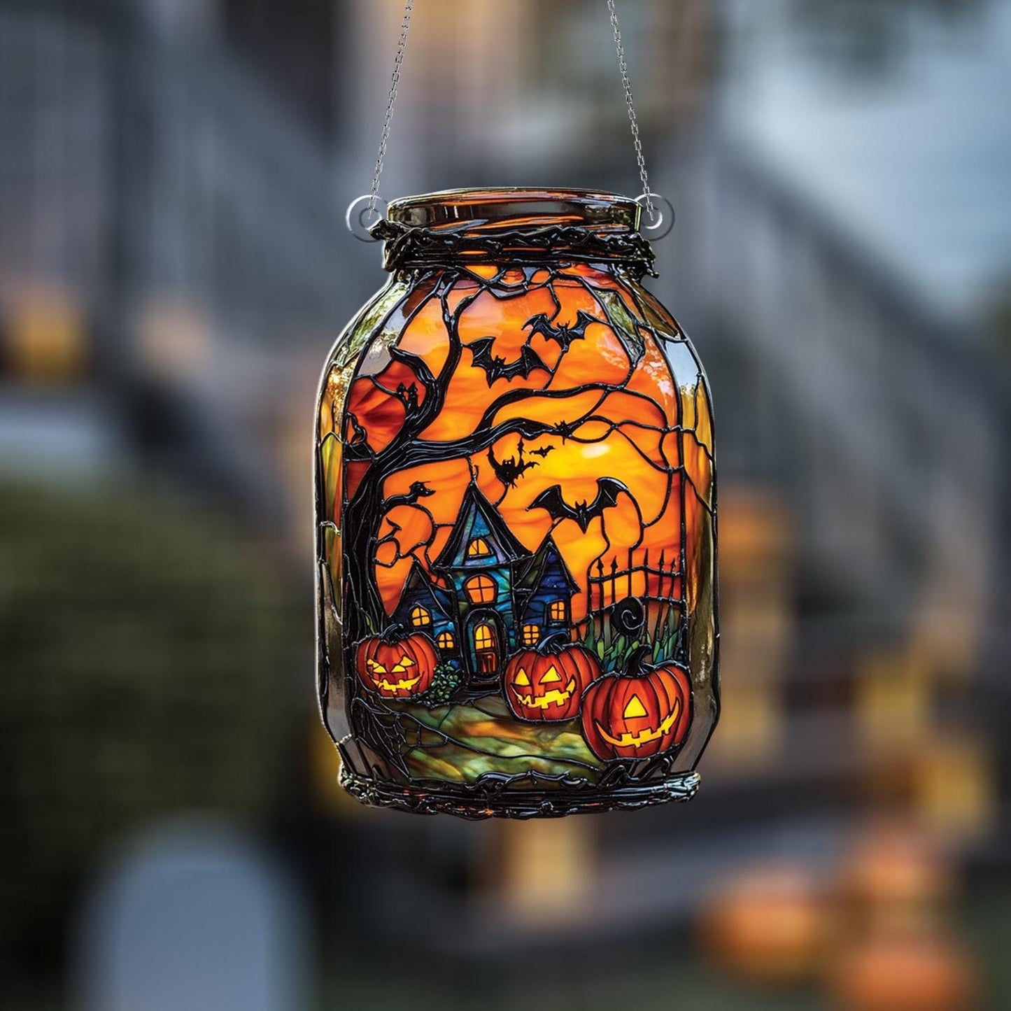 Halloween Window Hanging Lantern, Spooky Haunted House Decor, Pumpkin Bat Hanging Light, Gothic Halloween Party Decoration