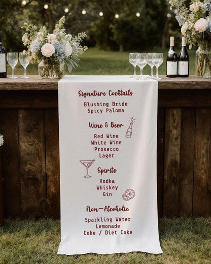 Custom Wedding Bar Menu Sign, Illustrated Cocktail Menu, Fabric Drink Sign, Bar Banner, Personalized Reception Bar Decor, Modern Party Sign