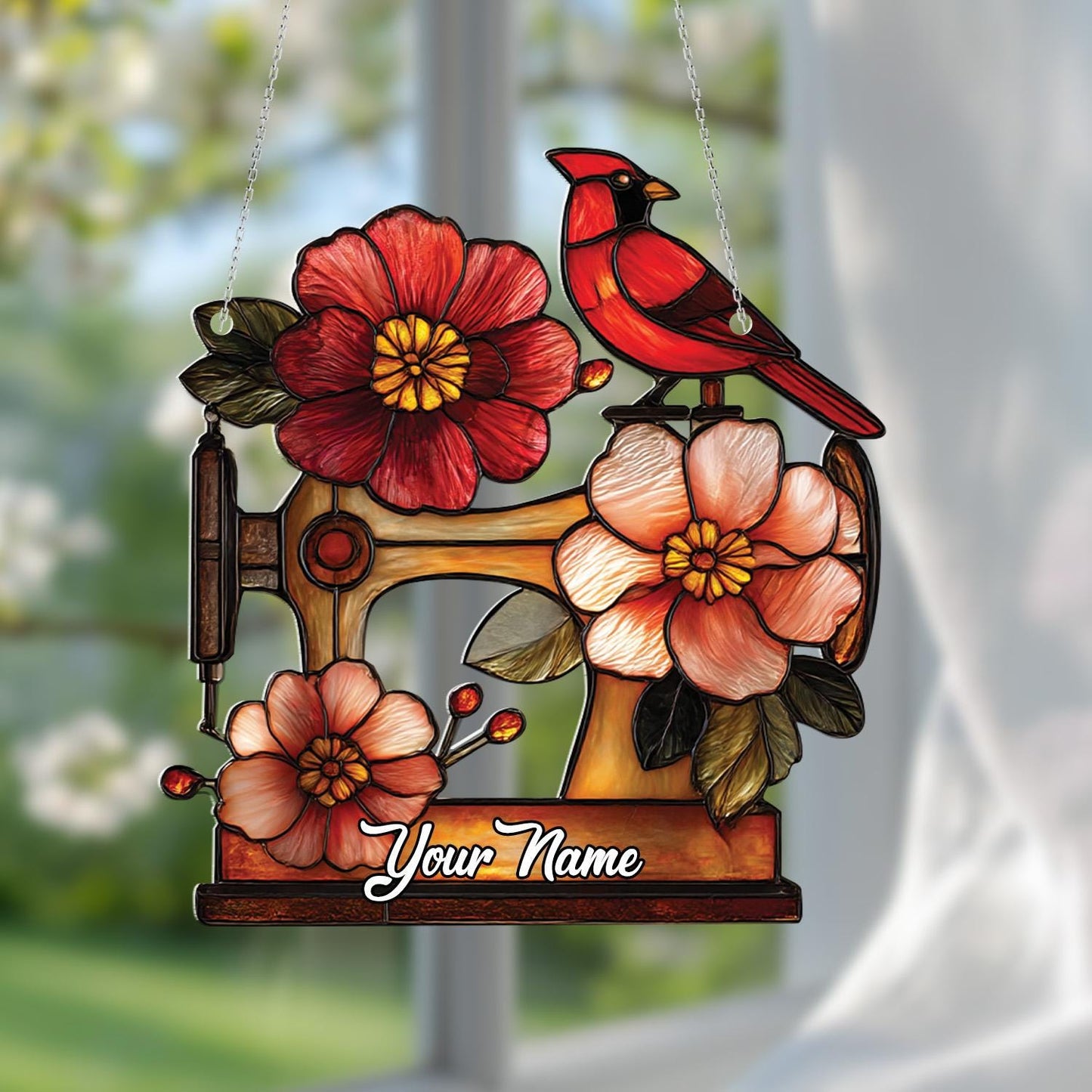 Custom Window Hanging Decoration, Personalized Sewing Machine Window Art, Cardinal and Floral Window Hanging Gift, Unique Home Window Decor