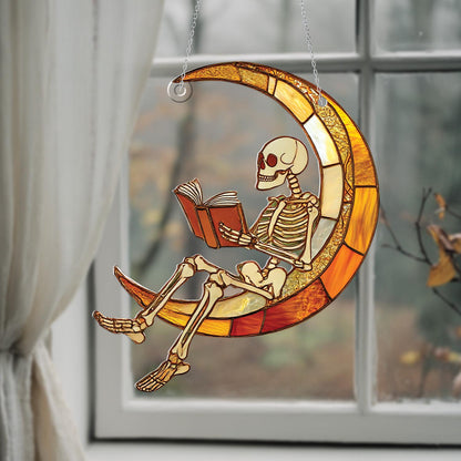 Halloween Skeleton Window Hanging, Spooky Moon Window Art, Gothic Home Window Decoration, Unique Creepy Window Hanging Gift for Fall