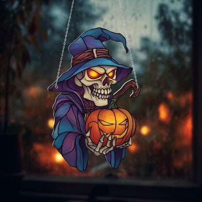Halloween Skeleton Window Hanging, Pumpkin Witch Window Art, Creepy Gothic Window Decoration, Spooky Home Window Hanging Gift for Fall