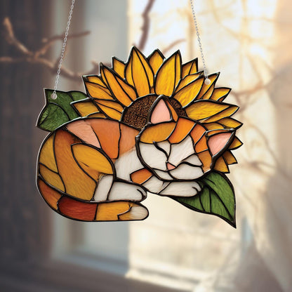 Cat and Sunflower Window Hanging, Cozy Kitty Window Decor, Floral Window Hanging Gift, Whimsical Cat Lover Home Decoration,Unique Window Art