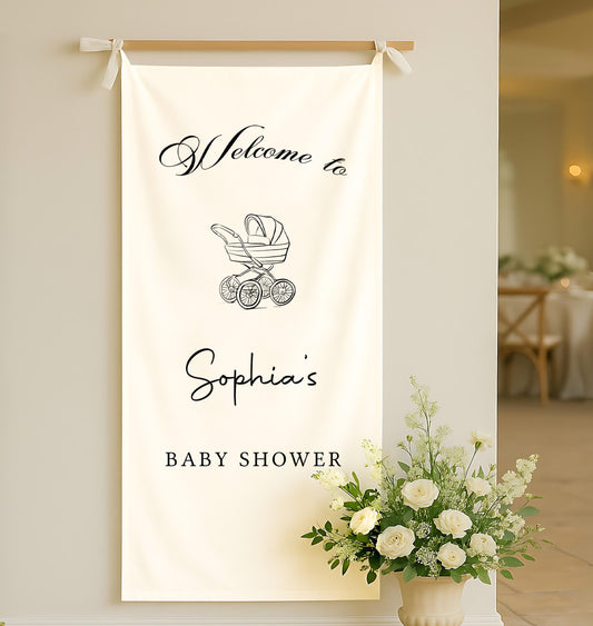 Boho Fabric Baby Shower Sign | Custom Baby Shower Banner | Neutral Boho Baby Shower Decor | Personalized Welcome Sign with Baby Carriage