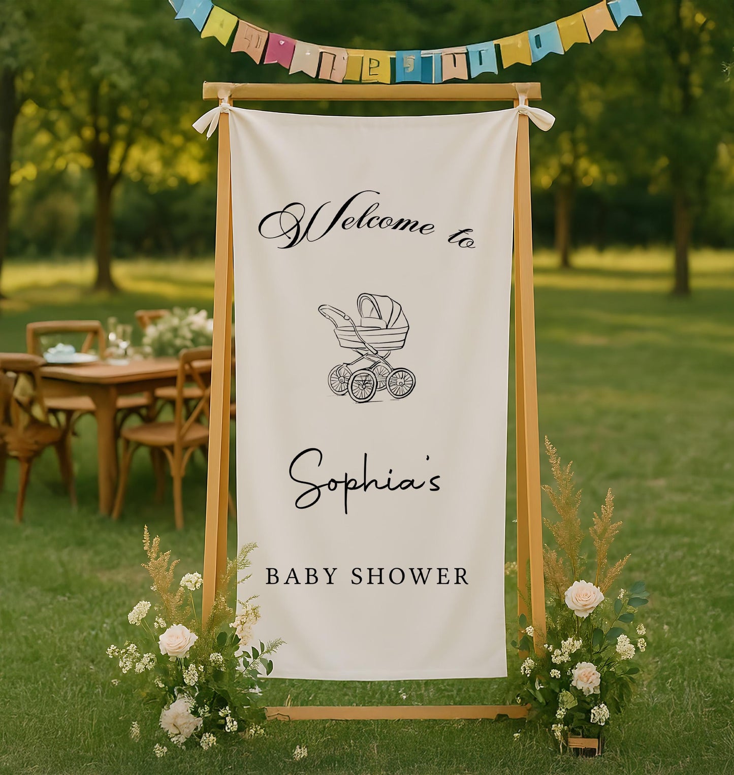 Boho Fabric Baby Shower Sign | Custom Baby Shower Banner | Neutral Boho Baby Shower Decor | Personalized Welcome Sign with Baby Carriage