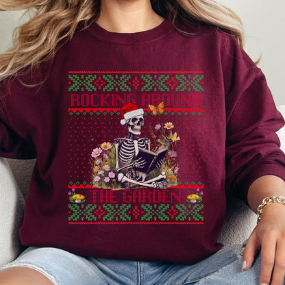 Rockin' Around the Christmas Tree Shirt Crazy Plant Lady Ugly Christmas Book Lover Sweatshirt Funny Skeleton Shirt Plant Lover Gift