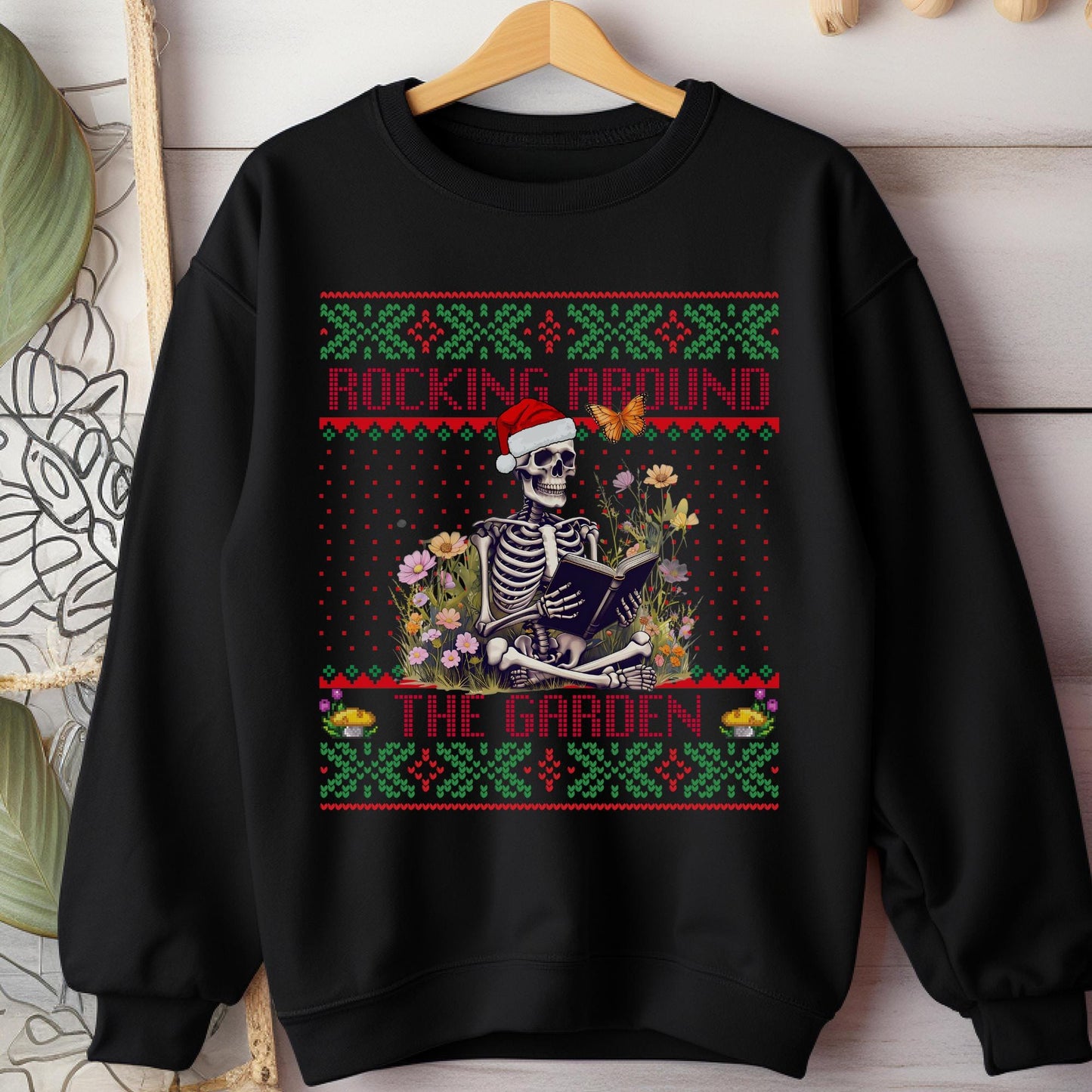 Rockin' Around the Christmas Tree Shirt Crazy Plant Lady Ugly Christmas Book Lover Sweatshirt Funny Skeleton Shirt Plant Lover Gift