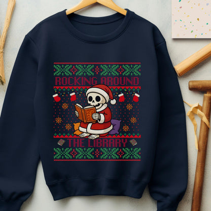 Rockin' Around the Christmas Tree Shirt Ugly Christmas Book Lover Sweatshirt Funny Skeleton Shirt Santa Claus Sweatshirt