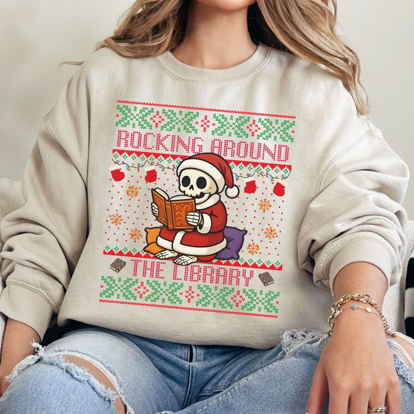 Rockin' Around the Christmas Tree Shirt Ugly Christmas Book Lover Sweatshirt Funny Skeleton Shirt Santa Claus Sweatshirt