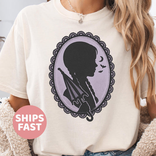 Gothic Cameo Halloween Shirt | Wednesday-Core Lace Oval | Charcoal & Lavender Vintage Comfort Colors Tee