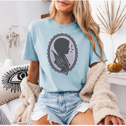 Gothic Cameo Halloween Shirt | Wednesday-Core Lace Oval | Charcoal & Lavender Vintage Comfort Colors Tee