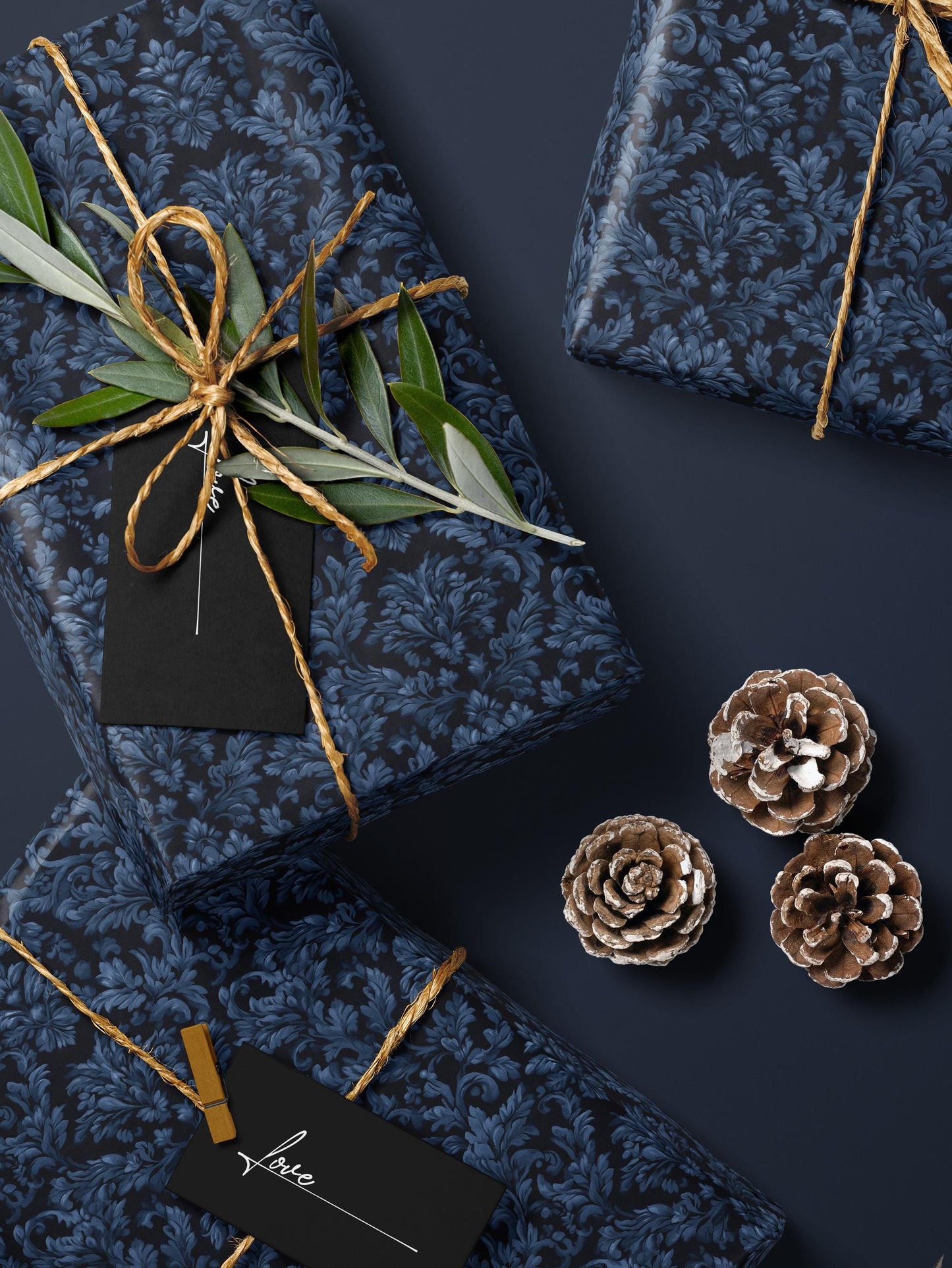 Blue Flower Gift Wrap Dark Blue Floral Damask Design Flower Wrapping Paper Botanical Gift Wrap for Her Wrapping Paper Wedding Gift Idea