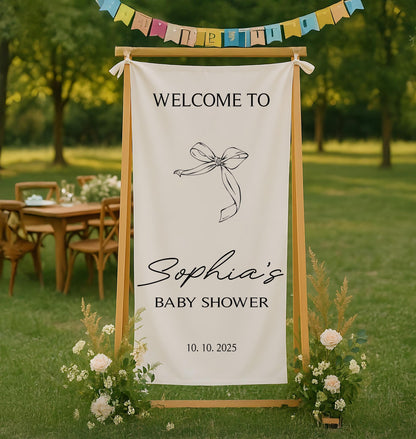 Personalized Baby Shower Welcome Linen Banner, Custom Linen Party Sign, Neutral Boho Baby Shower Decoration, Rustic Baby Shower Backdrop