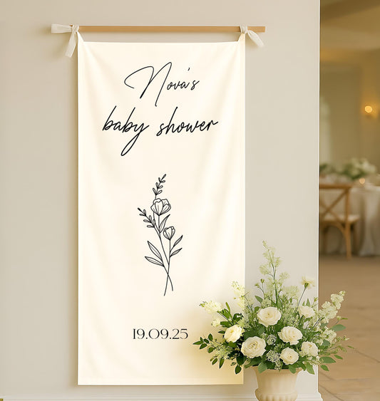 Personalized Linen Baby Shower Banner, Custom Name Welcome Sign, Neutral Boho Rustic Baby Shower Decoration, Modern Linen Party Backdrop