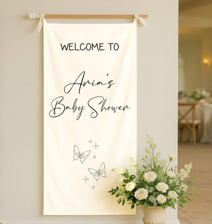 Personalized Baby Shower Banner, Custom Welcome Sign with Name, Neutral Boho Butterfly Party Backdrop, Rustic Modern Baby Shower Decoration