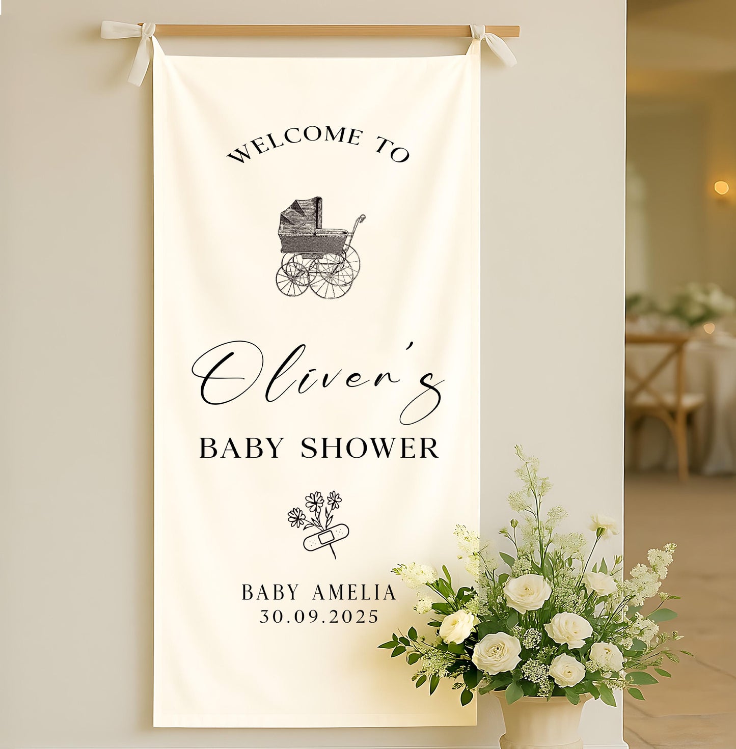 Baby Shower Welcome Sign, Custom Fabric Baby shower sign, Linen Shower sign, Rustic Baby Carriage , Baby shower stroller decor ideas