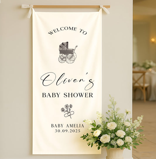 Baby Shower Welcome Sign, Custom Fabric Baby shower sign, Linen Shower sign, Rustic Baby Carriage , Baby shower stroller decor ideas