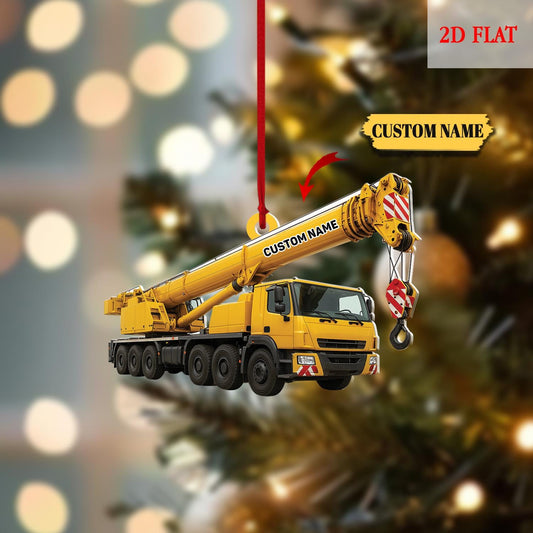 Custom Name Crane Truck Flat 2D Ornament, Christmas Tree Hanging Decor, Christmas Ornament, Heavy Equipment Operator Ornament Hanging