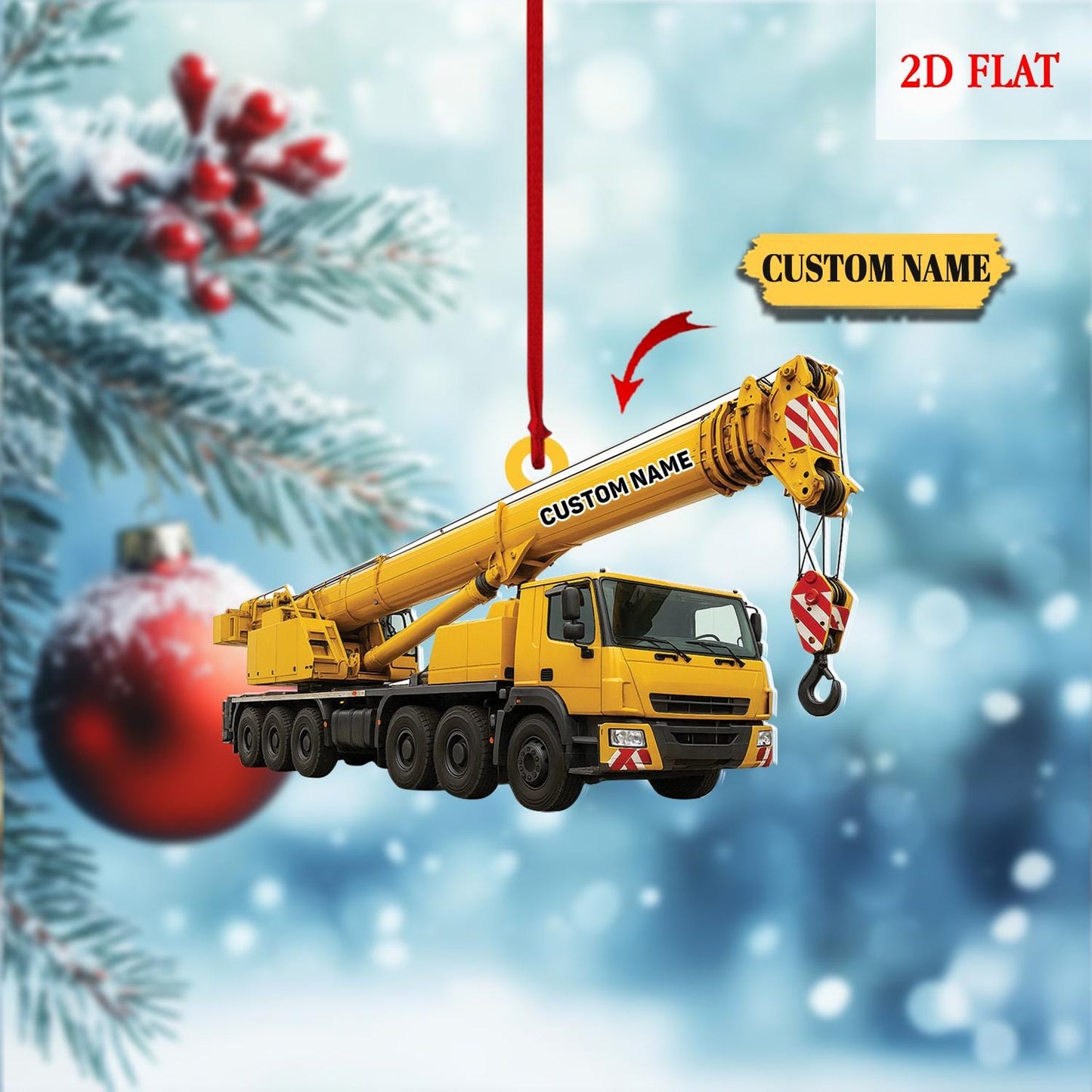 Custom Name Crane Truck Flat 2D Ornament, Christmas Tree Hanging Decor, Christmas Ornament, Heavy Equipment Operator Ornament Hanging