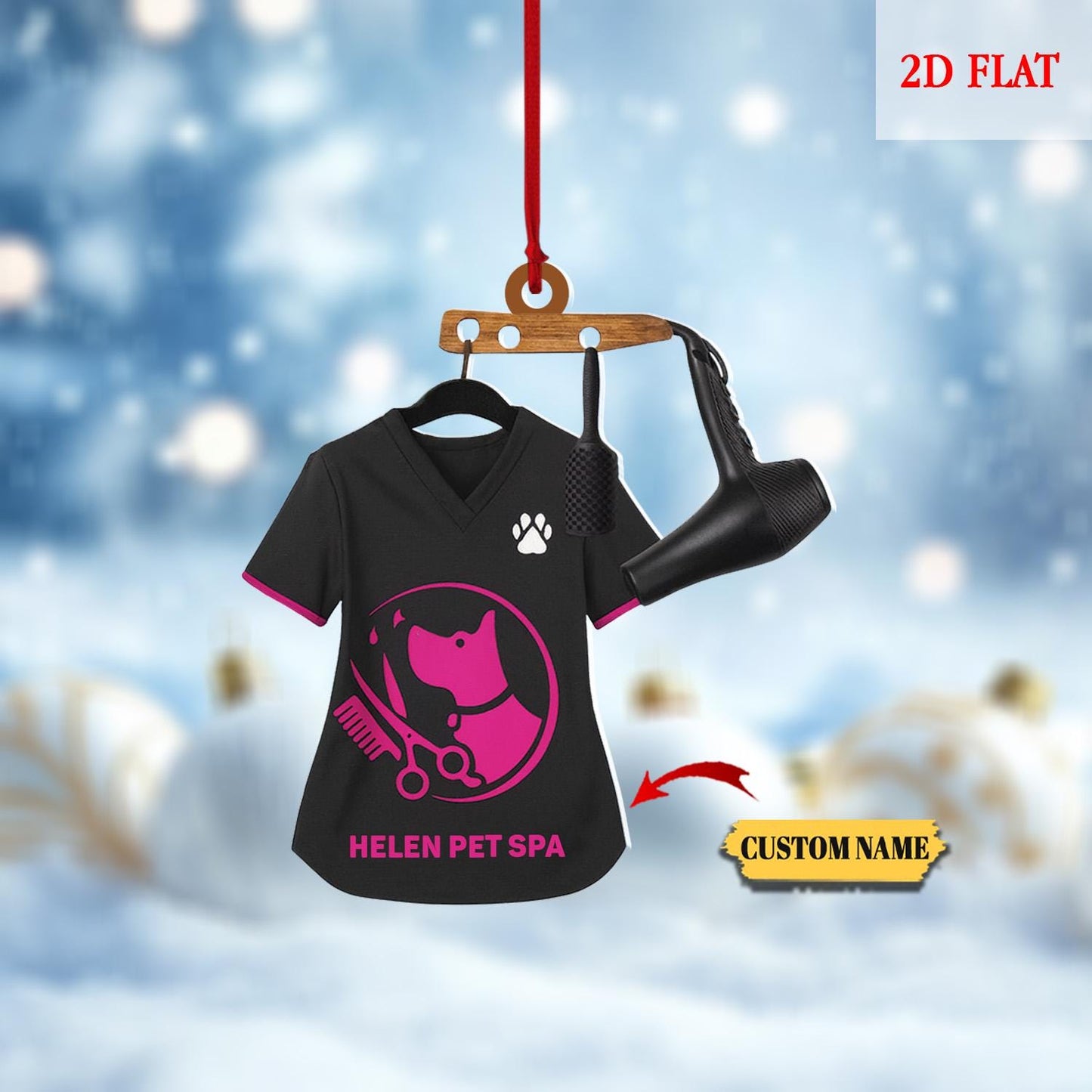 Custom Image And Text Pet Groomer Uniform Christmas 2D Flat Ornament, Pet Groomer Christmas Ornament, Uniform Groomer Gift, Dog Groomer Gift