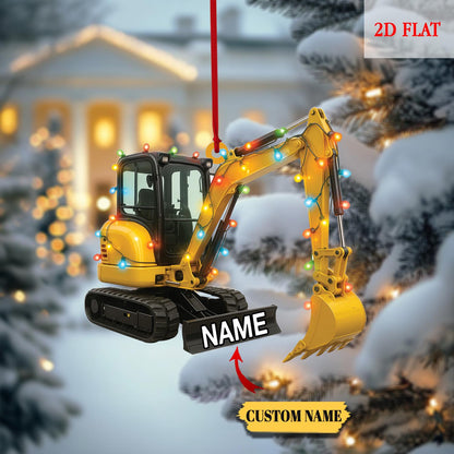 Custom Name Excavator Led Light Christmas Ornament, Christmas Hanging Flat 2D Ornament Acrylic, Machine Ornament, Construction Gift