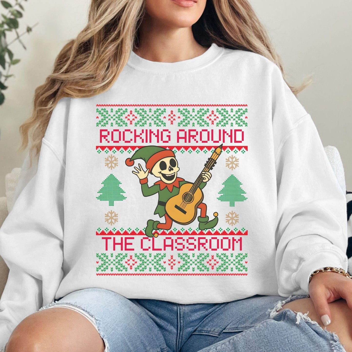 Rockin' around the Christmas Tree Shirt Ugly Christmas Sweater For Teacher Dancing Skeleton Sweatshirt Funny Christmas Sweater