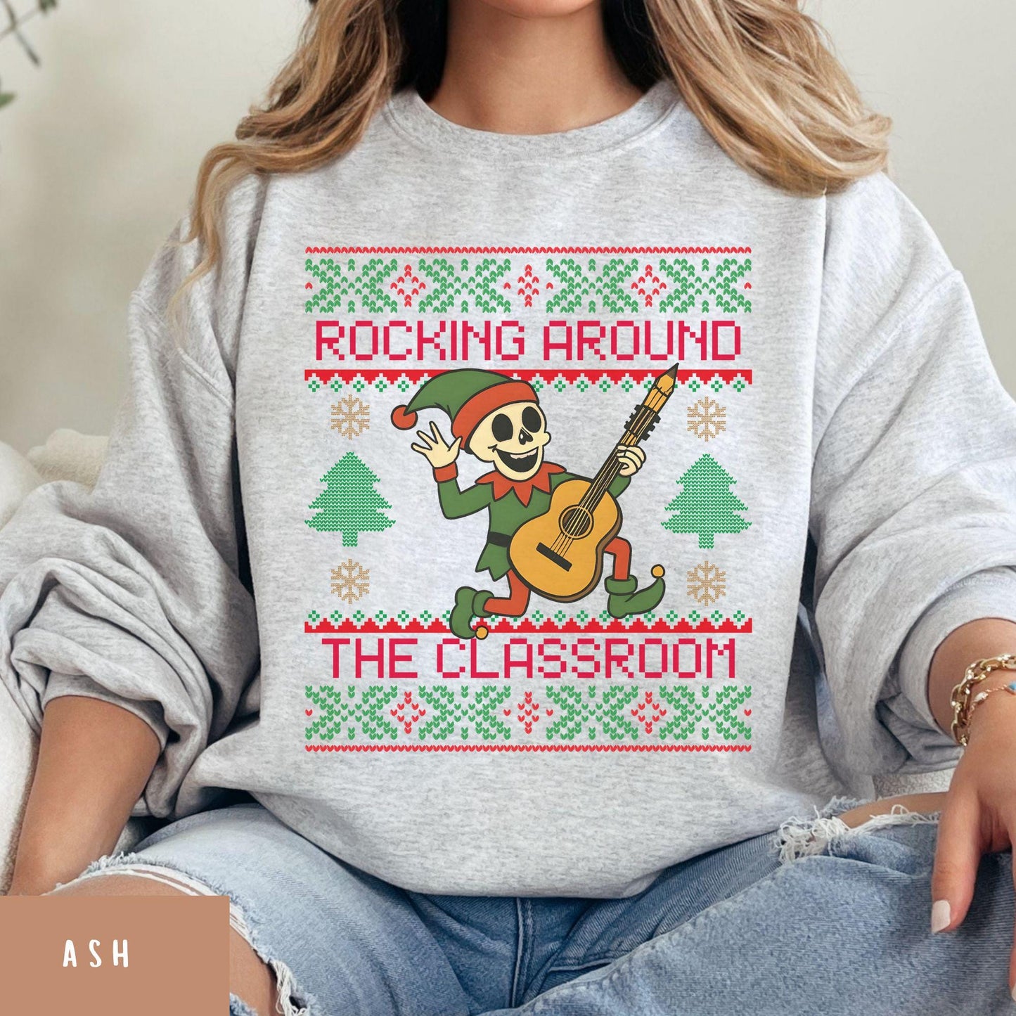 Rockin' around the Christmas Tree Shirt Ugly Christmas Sweater For Teacher Dancing Skeleton Sweatshirt Funny Christmas Sweater