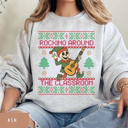 Rockin' around the Christmas Tree Shirt Ugly Christmas Sweater For Teacher Dancing Skeleton Sweatshirt Funny Christmas Sweater
