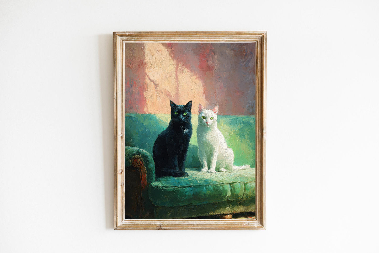 Black and White Cats on Green Sofa Fine Art Print | Cute Quirky Whimsical | Cocktail Art | Bar Cart Decor | Trendy Home Wall Art Gift