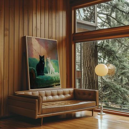 Black and White Cats on Green Sofa Fine Art Print | Cute Quirky Whimsical | Cocktail Art | Bar Cart Decor | Trendy Home Wall Art Gift